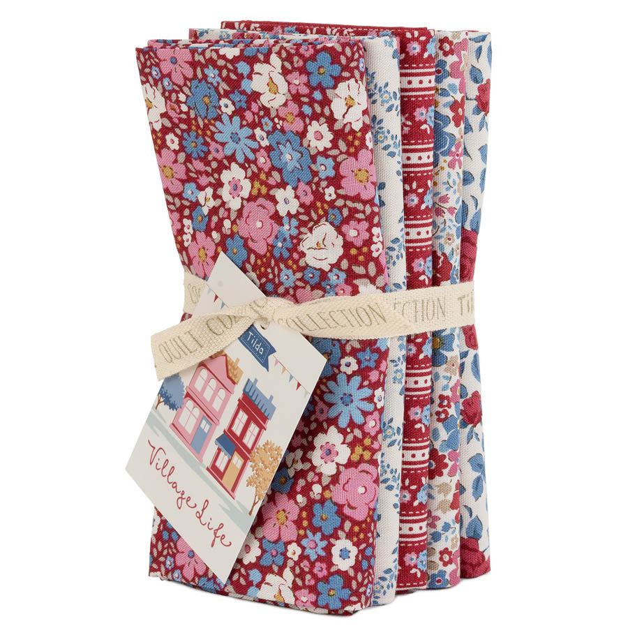 Tilda Village Life Fat Quarter Bundle (Set of 5) - Burgundy