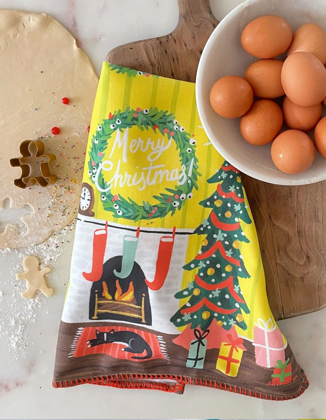 Festive Fireplace - Embroidered Cotton Tea Towel