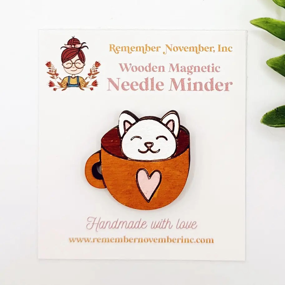 Wooden Magnetic Needle Minder - Cat & Teacup