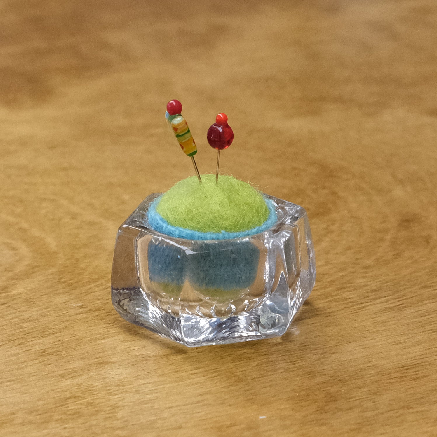 Vintage Pincushion - Glass with Yellow Green Wool