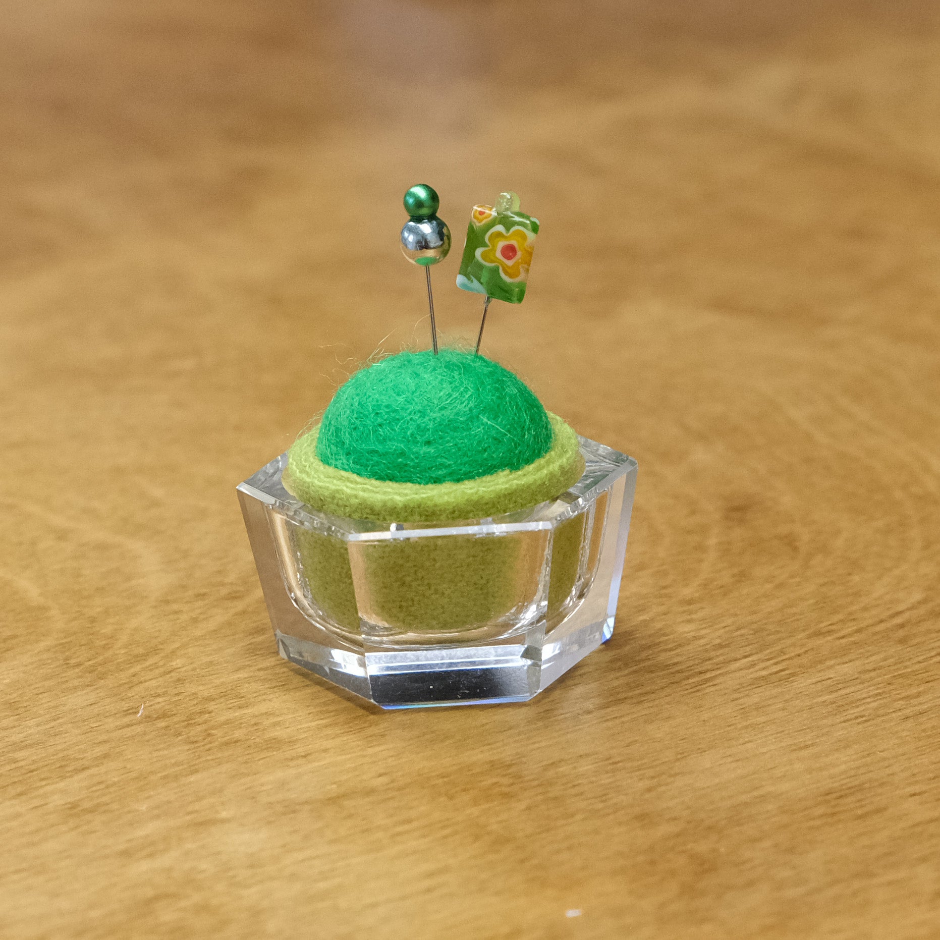 Vintage Pincushion - Glass with Green Wool
