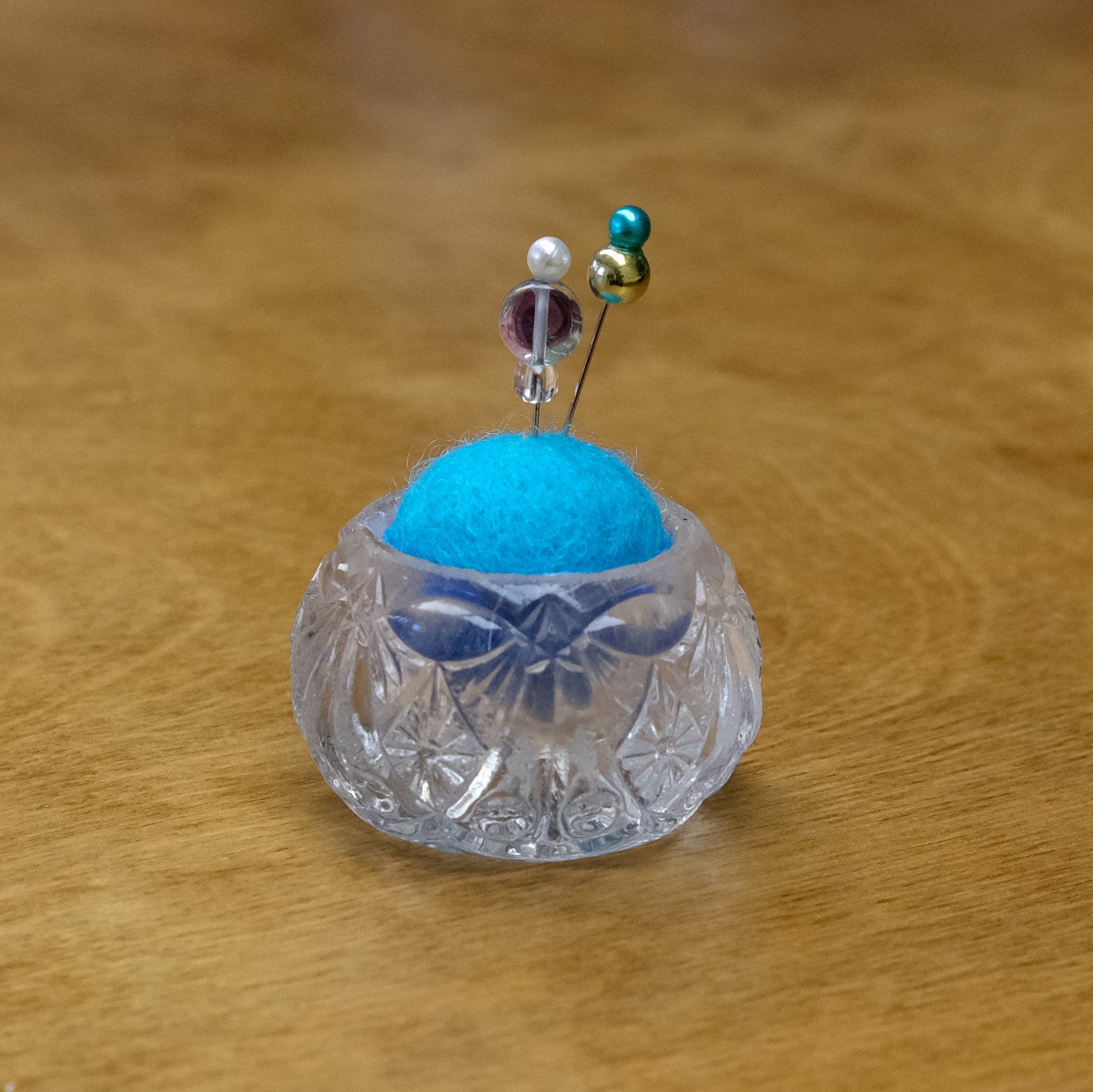 Vintage Pincushion - Crystal with Blue Wool