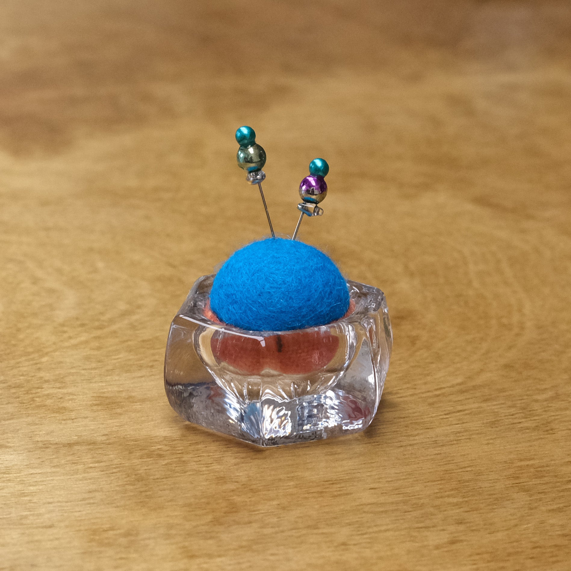 Vintage Pincushion - Glass with Blue Wool