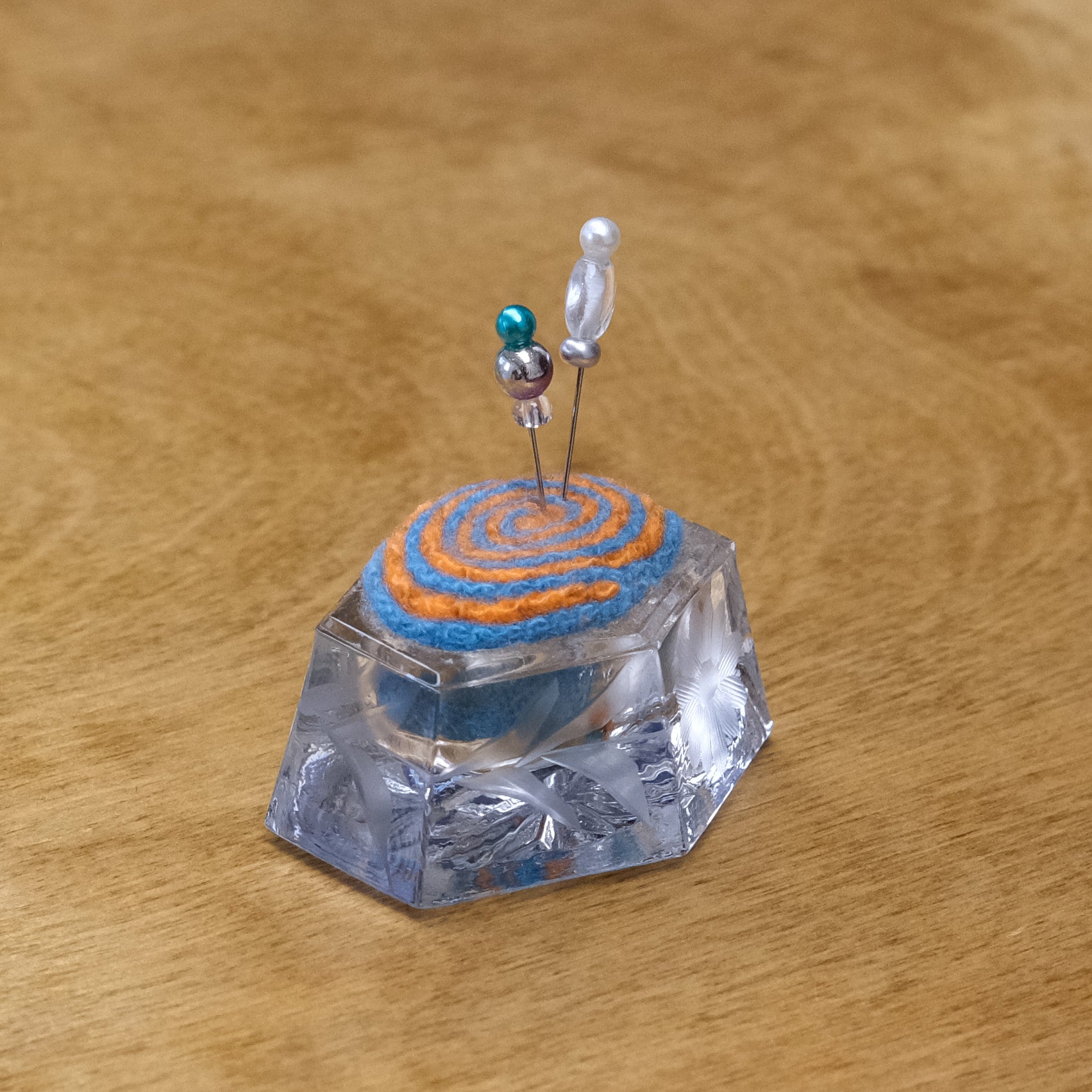 Vintage Pincushion - Etched Glass with Orange and Blue Wool