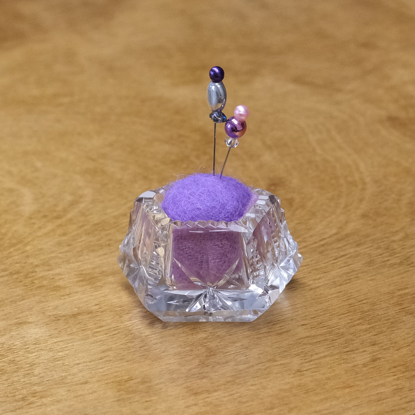Vintage Pincushion - Crystal with Purple Wool