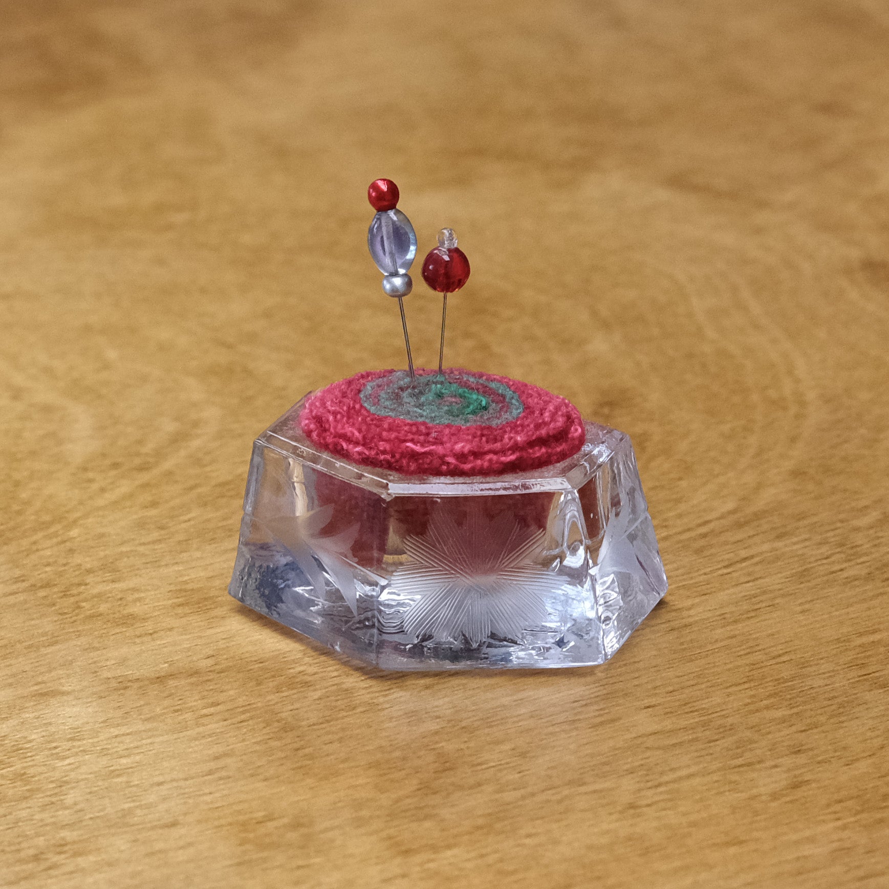 Vintage Pincushion - Etched Glass with Red Wool