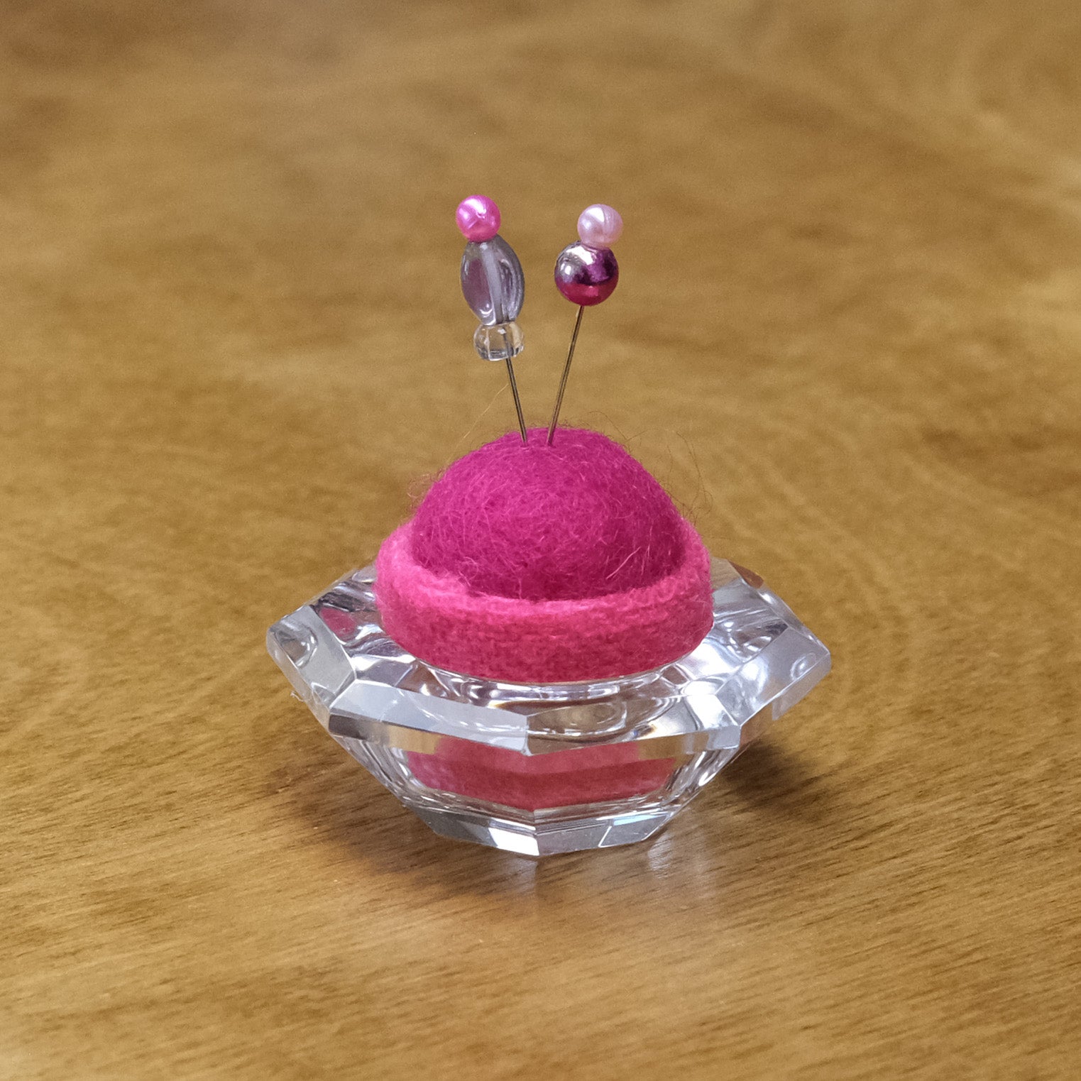 Vintage Pincushion - Glass with Pink Wool